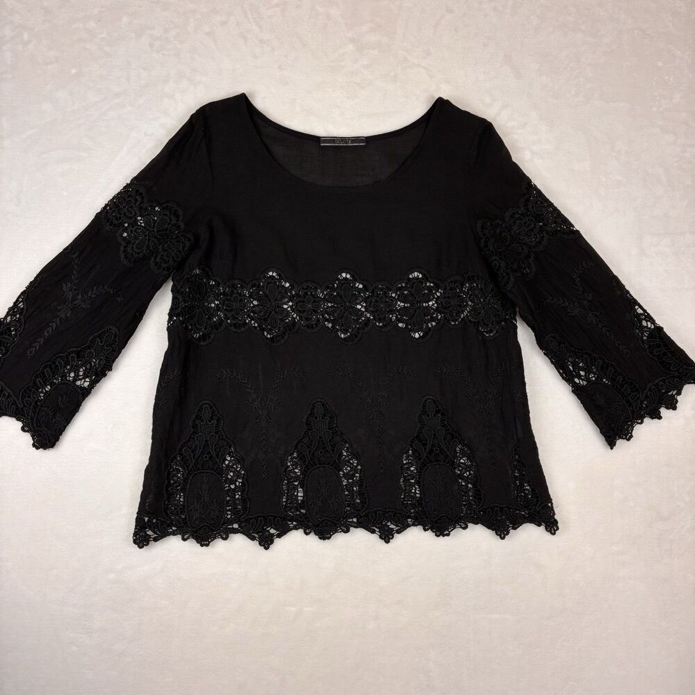 Dulcie Boho Blouse Women’s Small Black Crochet Lace Top 3/4 Sleeve 100% Cotton